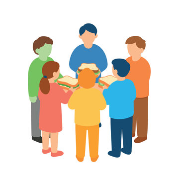 A group of stylized individuals stand in a circle, each holding a sandwich.