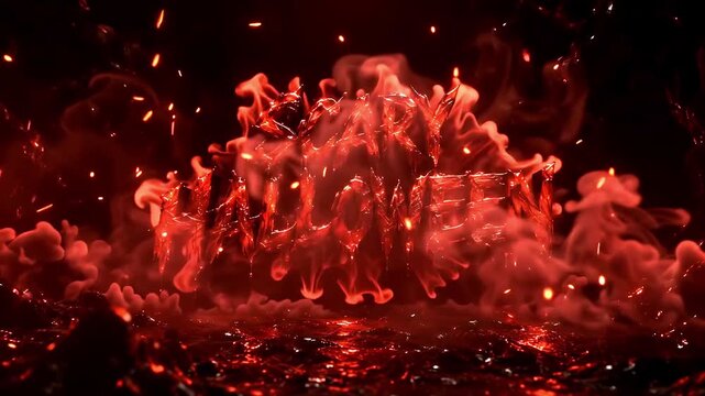 Scary halloween text emerging from hellish fire, smoke, and burning embers. Spooky holiday background with spooky message