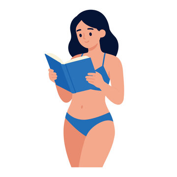 A young woman stands and reads an open blue book while wearing a matching blue bikini.