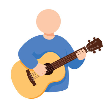 A person in a blue shirt plays an acoustic guitar with their hands positioned on the fretboard and strings.