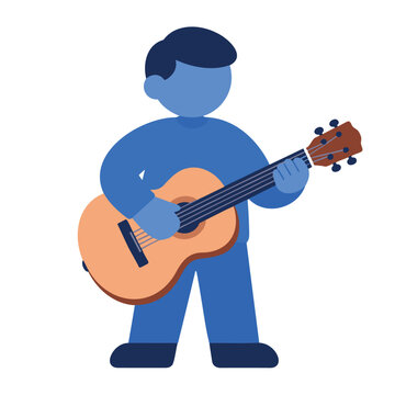 A simplified blue character stands and plays an acoustic guitar with six strings.