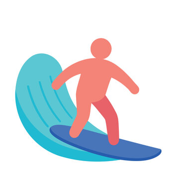 A stylized human figure surfs on a blue board against a turquoise wave and a white background.