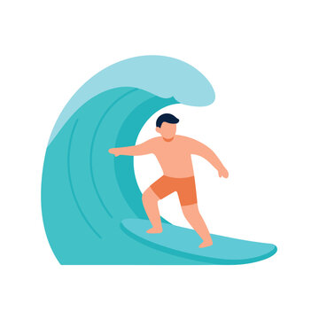 A man in orange shorts surfs on a blue board against a large breaking wave.