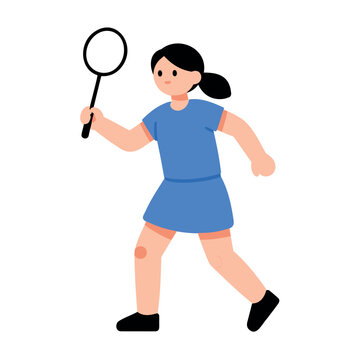 A young girl with black hair and a blue dress plays badminton with a racket in her hand.
