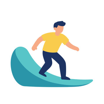 A person in a yellow shirt and blue pants enjoys surfing on a blue wave.