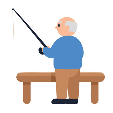 A senior man sits on a park bench with a fishing rod in his hands, his line dangling in the water.