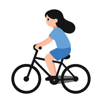 A stylized illustration of a girl with dark hair wearing a blue shirt and shorts riding a black bicycle.