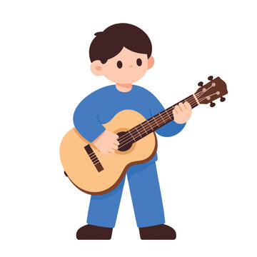 A young boy in a blue shirt and pants is playing an acoustic guitar with his hands.