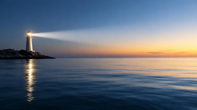 White lighthouse shining bright beam across ocean water at sunset
