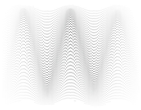 Abstract halftone wave pattern with dotted geometric shapes in black and white for modern graphic background design
