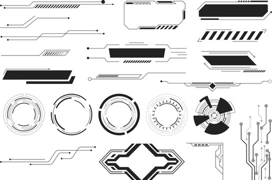 Futuristic HUD element and sci fi user interface design set featuring cybernetic graphics and digital technology layout elements