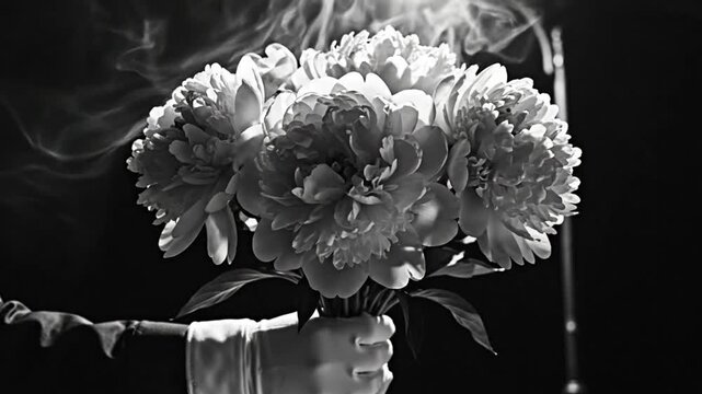 Black and white close-up of a hand holding a bouquet of peonies with elegant lighting and smoke