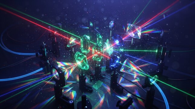 Complex laser optics experiment with refracting beams and prisms in lab