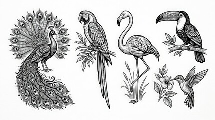 Fototapeta premium Set of detailed black and white line art illustrations featuring various exotic tropical birds including a peacock, parrot, flamingo, toucan, and hummingbird
