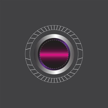 Abstract futuristic purple and silver circular button with sci fi dial design metal ring sci