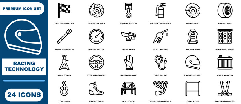 Racing technology set featuring twenty four linear symbols including checkered flag, brake caliper, engine piston, and racing helmet