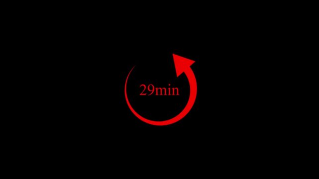 Red 29 minute countdown timer with rotating arrow on black background 4k motion video..