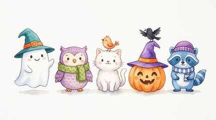 Obraz premium Cute Watercolor Halloween Characters Set with Ghost, Owl, Cat, Pumpkin, and Raccoon Illustration for Autumn Decor