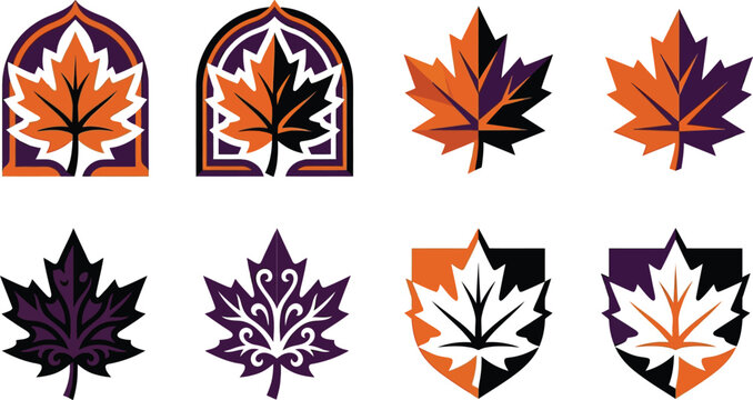 A collection of stylized maple leaf vector logos and icons featuring various color combinations