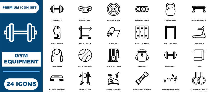 Set of twenty-four black and white line representing gym equipment, fitness gear, and workout tools for physical exercise routines
