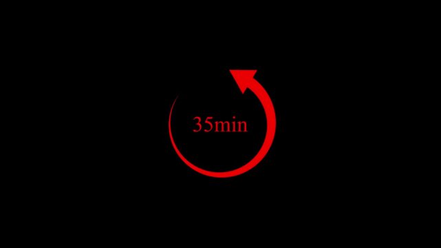 Red 35 minute countdown timer with rotating arrow on black background 4k motion video..