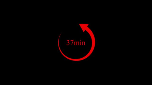 Red 37 minute countdown timer with rotating arrow on black background 4k motion video..