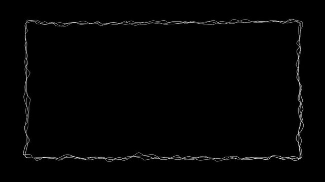 Animated seamless loop of hand drawn white line rectangular frame on black background. Scribble border animation for video overlays, photo frames, title cards, social media, creative video transitions