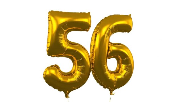 Gold foil balloons spelling out the number fifty six representing a milestone or birthday celebration on white background