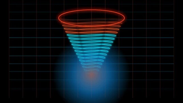 Red and cyan digital funnel processing data over a glowing grid background