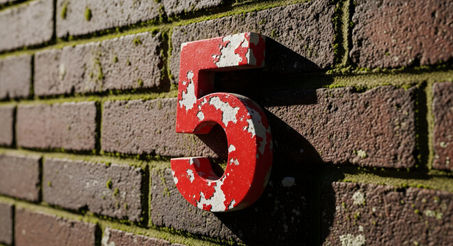 Red Number 5 on Vintage Brick Wall &ndash; Street Style Number and Urban Typography