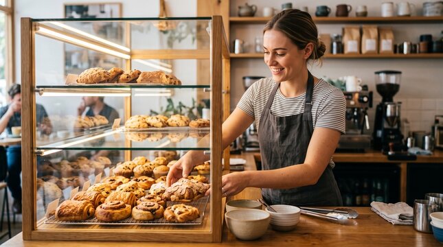 Smiling Baker Arranging Fresh Pastries in a Display Case at a Cozy Cafe