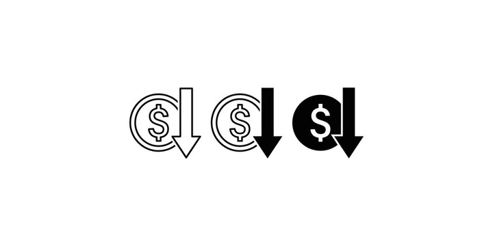 Dollar depreciation icons set with coins and downward facing arrows.