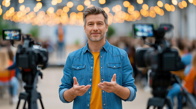 Male presenter speaking to cameras for live broadcast interview and media production content