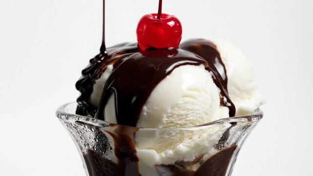 Delicious vanilla ice cream sundae with rich chocolate syrup and a bright red maraschino cherry in a decorative glass, close up