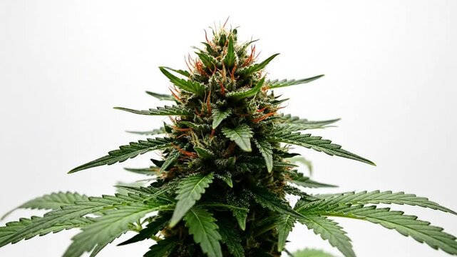 Close-up view of a cannabis plant showcasing vibrant green leaves, orange hairs, and trichomes against a clean white backdrop