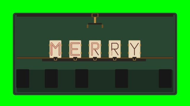 A premium retro Christmas microstock animation featuring a vintage mechanical sign-making machine that physically assembles a festive neon-style Christmas sign from individual illuminated letter modul