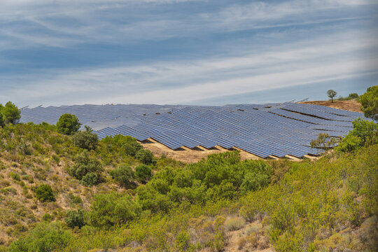 View of a large solar farm with rows of photovoltaic panels installed on a hillside surrounded by Mediterranean shrubs and trees in Vaqueiros, Santarem, Portugal.