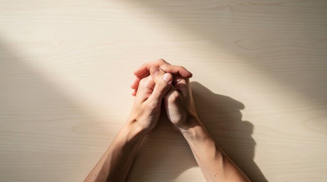 Person hands clasped together in prayer or contemplation on a desk