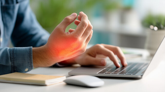 Woman experiencing wrist pain while using a laptop at home or in an office, with a glowing red pain area, illustrating repetitive strain injury, ergonomic stress and hand discomfort.