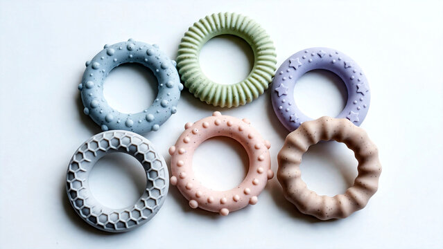 Five Textured Silicone Baby Teether Rings in Pastel Colors