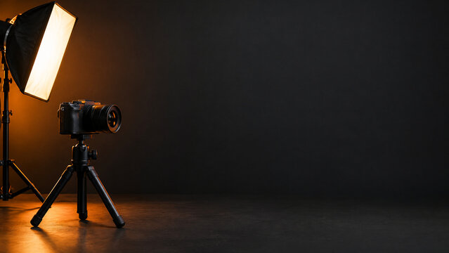 Professional digital camera on tripod in photo studio, cinematic lighting with softbox on dark background, photography equipment for video production