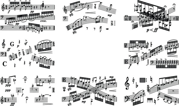 Avant-garde musical score collage, complex dense notation, treble bass clefs, dynamic markings cresc sfz fff pp, experimental sheet music illustration