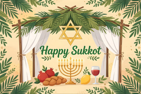 Festive Sukkot Celebration with Star of David, Menorah, Pomegranates, Lemon, and Wine Under a Leafy Sukkah Canopy  
