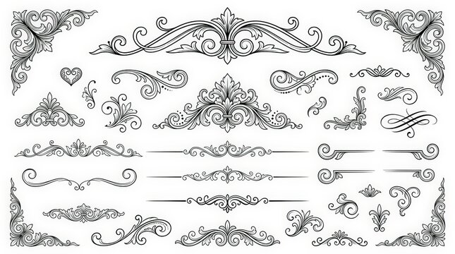 Vintage ornamental dividers and flourishes set, elegant black scrollwork borders, decorative filigree elements for wedding invitations and luxury branding
