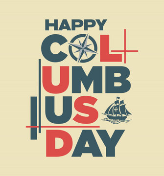 Retro vintage style Columbus Day text poster banner background vertical with santa maria ship & navigational compass vector