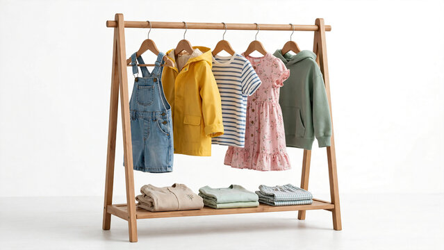Colorful Kids Clothing Displayed on Wooden Hanger Rack with Folded Garments