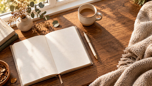 Open blank notebook with coffee cup, pen, and dried flowers on a wooden table by a window with sunlight and shadows