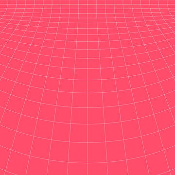 Downward perspective horizon grid abstract line geometric surface pink. Thin white grid lines expand downward creating floor perspective effect vibrant pink background retro futuristic visual element