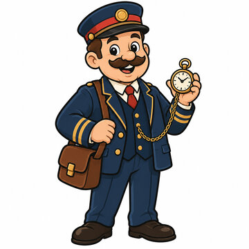 A cartoon train conductor in a blue uniform holding a pocket watch, isolated on a white background d