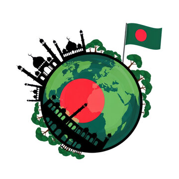 Bangladesh globe with mosques and flag
